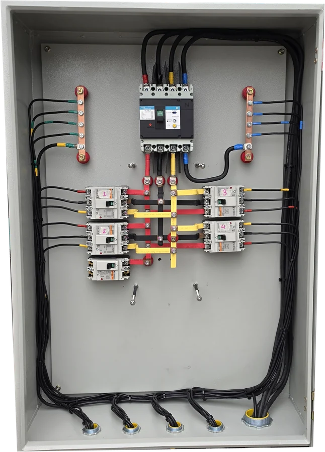 Second-life BESS distribution cabinet with breakers, busbars and wiring