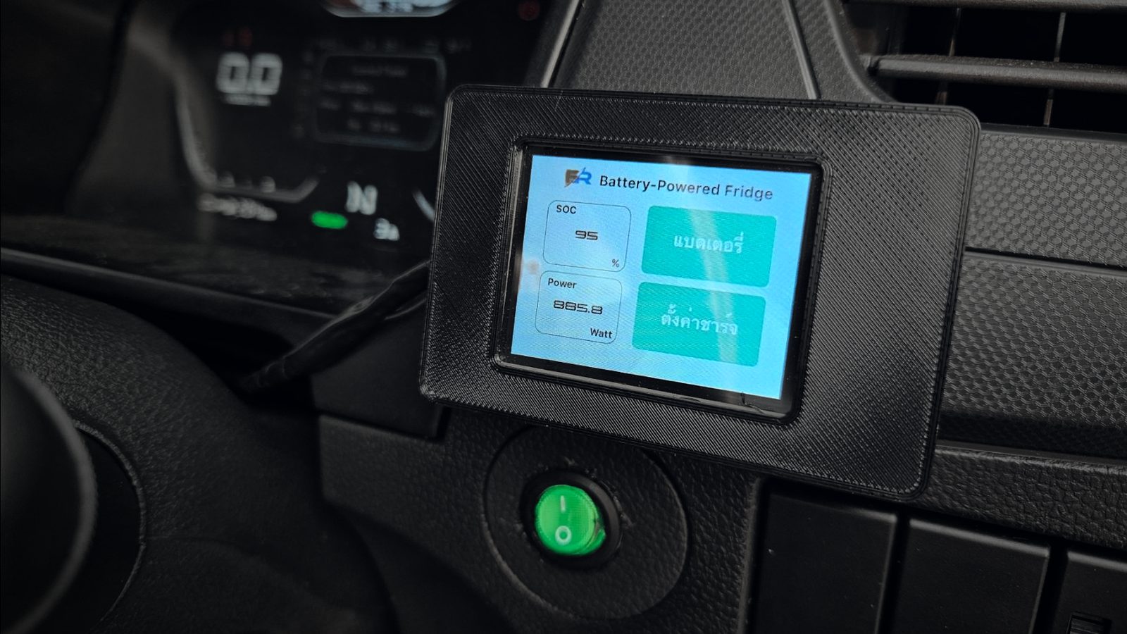 FR Tech in-cab battery display showing state of charge and power