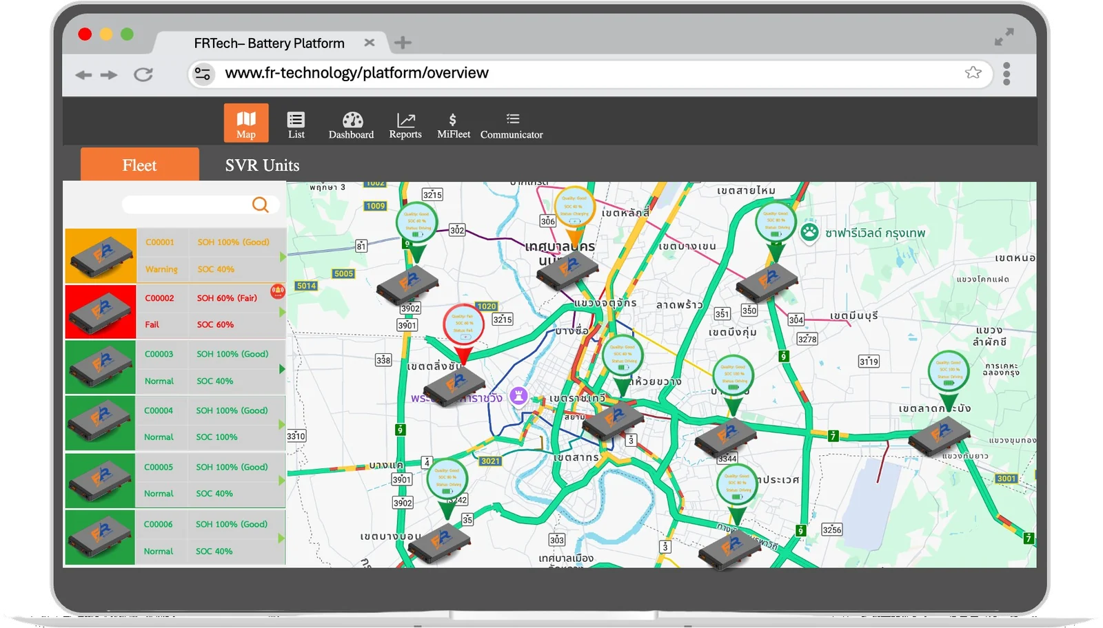 FR Tech battery platform in a web browser: fleet map of battery units with an SoH and SoC list