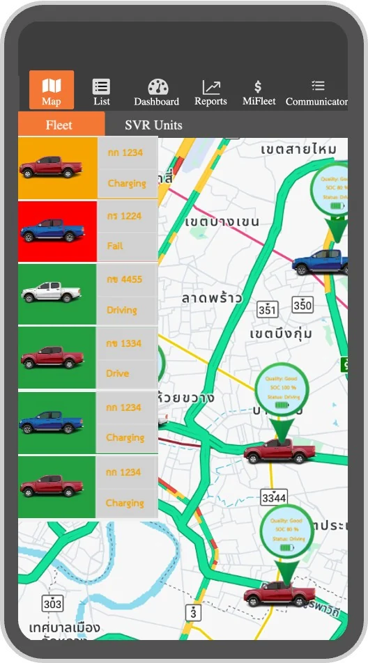 FR Tech platform on a phone: fleet map and vehicle charging status